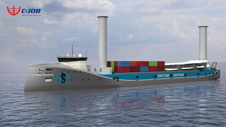 The Flettner cargo freight vessel with cylindric rotor 'sails' for wind-assisted shipping.