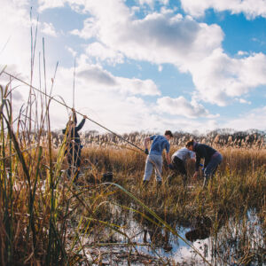 CANAPE: Coring with the next generation – For communities that live around wetlands, it is important they have a way to understand and value them. This allows them to help protect them and gain from the natural resilience they provide to climate change. Soil coring gives an important insight into the hydrology and history of the site, which is key to conservation. Inviting the public and students to help provides more person-power, and gives them a hands on understanding of the importance of peat. A small group of people in a peatland, focused on taking out a soil sample.