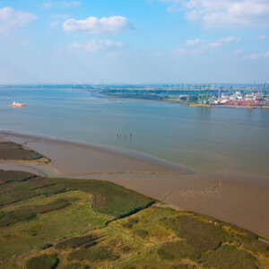 IMMERSE: Industry and nature exist next to each other in
the Scheldt estuary (BE/NL). Sediment
management strategies are improved to support
different functions of the Scheldt estuary: safety
against flooding, accessibility for ships and nature.
Photo: Bjorn Lauwerijs Estuary and the North Sea with green coastal landscape with blue sky and white clouds.